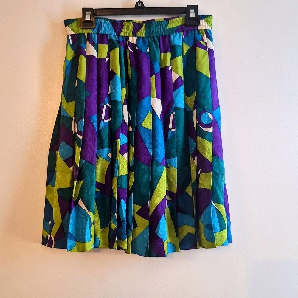 Vintage Abstract Silk Mosaic Print Pleated Skirt